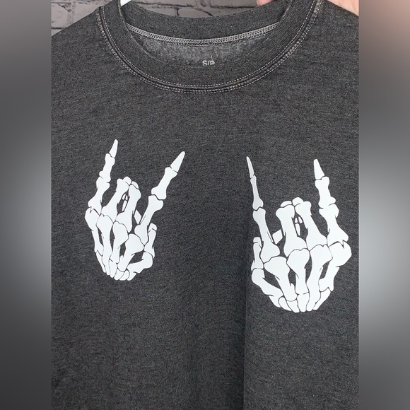 Halloween Women’s Small Skeleton Hands Rock On Crewneck Sweatshirt Grey- NWT - Picture 3 of 4